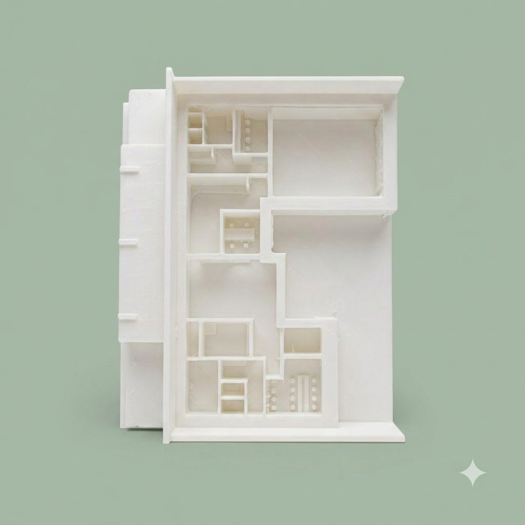 3D printed architectural presentation model with landscaping and detailed facades